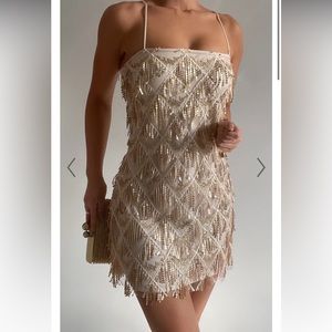 SHOOK MINI DRESS - STRAPLESS FRINGE DRESS IN CHAMPAGNE SEQUIN